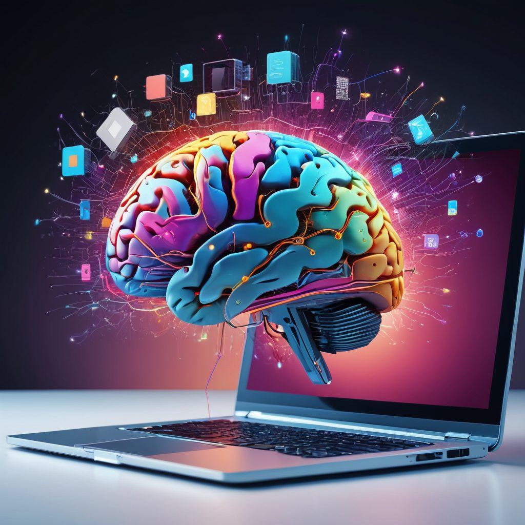 An abstract representation of a creative brain merging with various digital tools like laptops, cameras, and smartphones, symbolizing innovative content creation. The background features vibrant technology elements like circuits and data streams, blending seamlessly into the image. Bright, engaging colors to evoke excitement and inspiration for bloggers. minimalistic yet dynamic composition. super-realistic. vibrant colors.