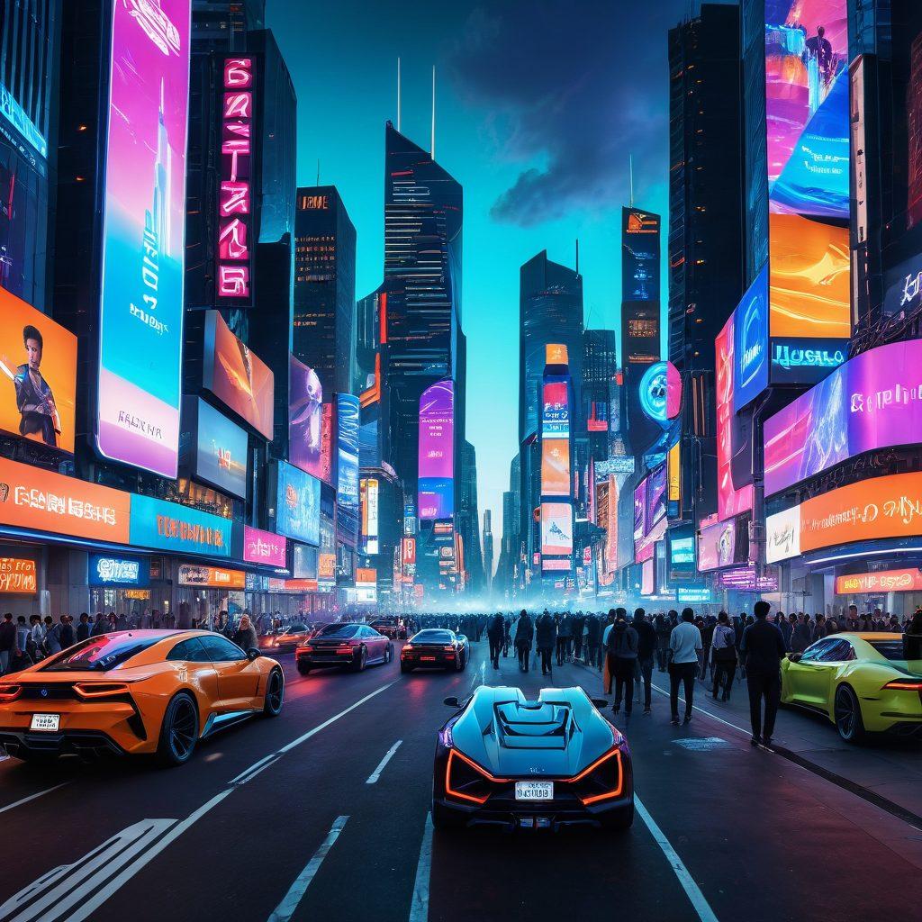 A futuristic city skyline showcasing advanced technology with flying cars and neon lights. In the foreground, a diverse group of people are engaged with digital devices, immersed in augmented reality trends. The backdrop includes billboards displaying the latest gadgets and tech innovations. Bright, vibrant colors enhance the lively atmosphere, suggesting constant change and progress. cyberpunk. vibrant colors. super-realistic.