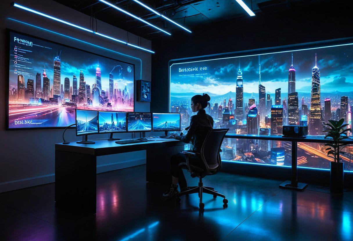 A futuristic scene depicting a glowing digital workspace filled with advanced technology tools, holographic screens showing blog metrics and innovative ideas, a person engaging with virtual content, and a vibrant city skyline in the background symbolizing progress. super-realistic. vibrant colors. cyberpunk.